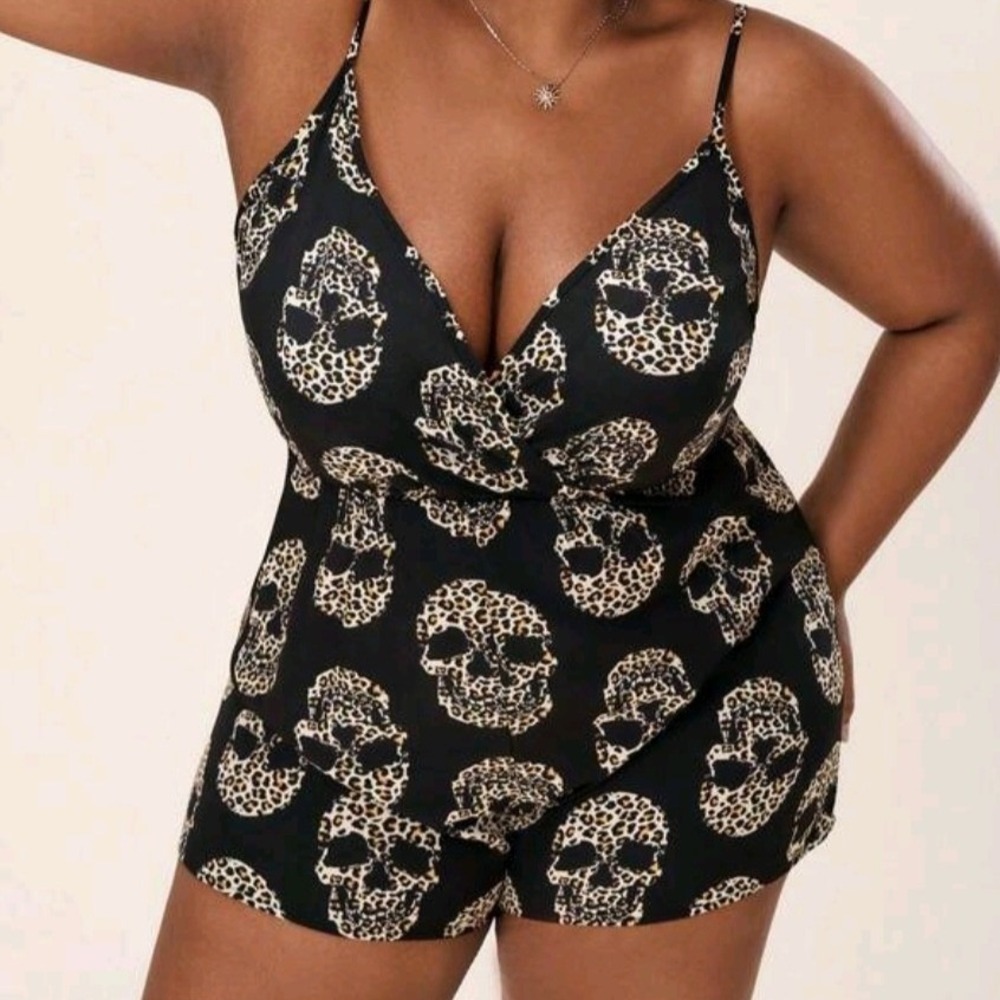 Womens 2XL Leopard Print Skull Cami Romper Shein Curve